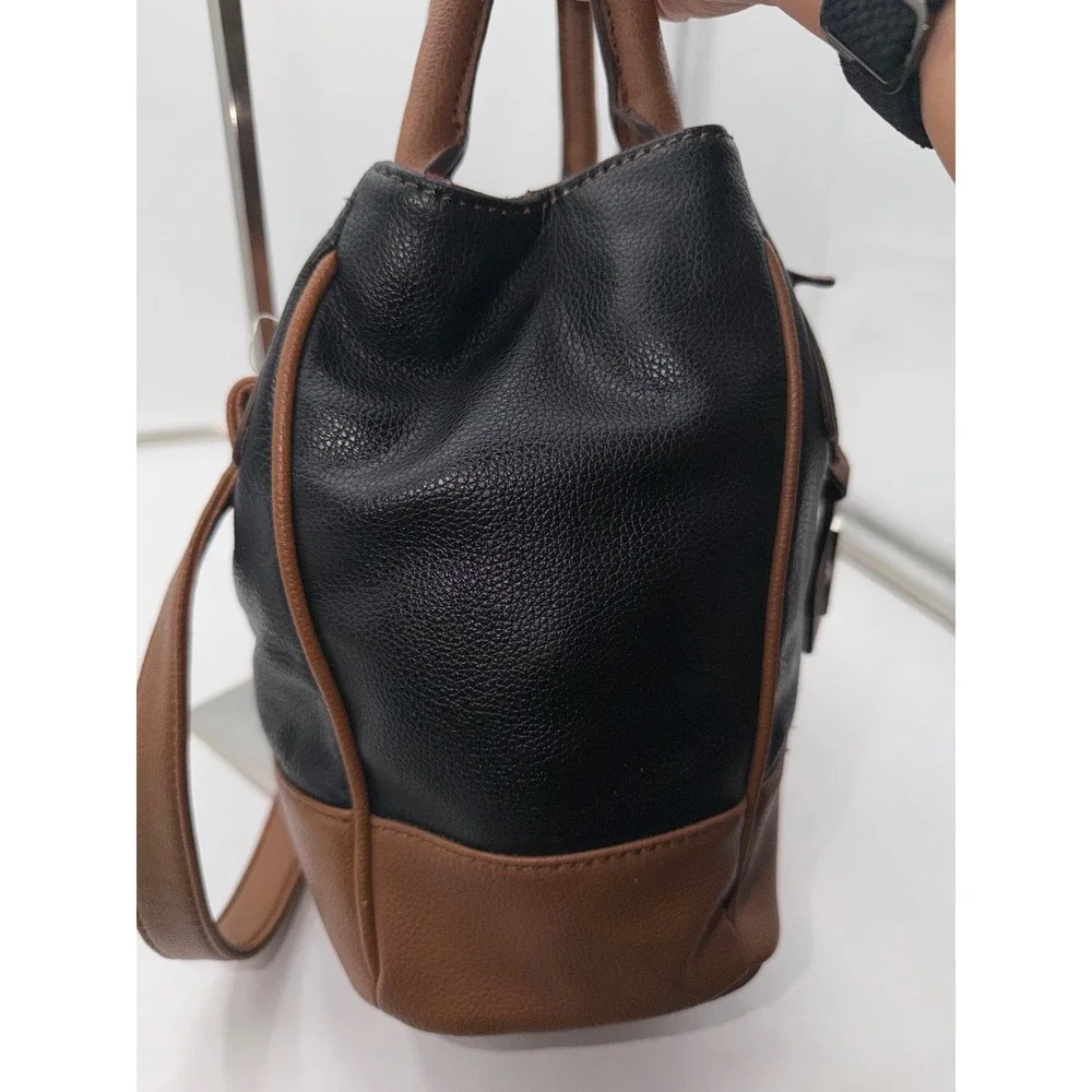 Tignanello Leather Satchel Handbag Brown Black Two Tone Pebbled Zip Top Bag